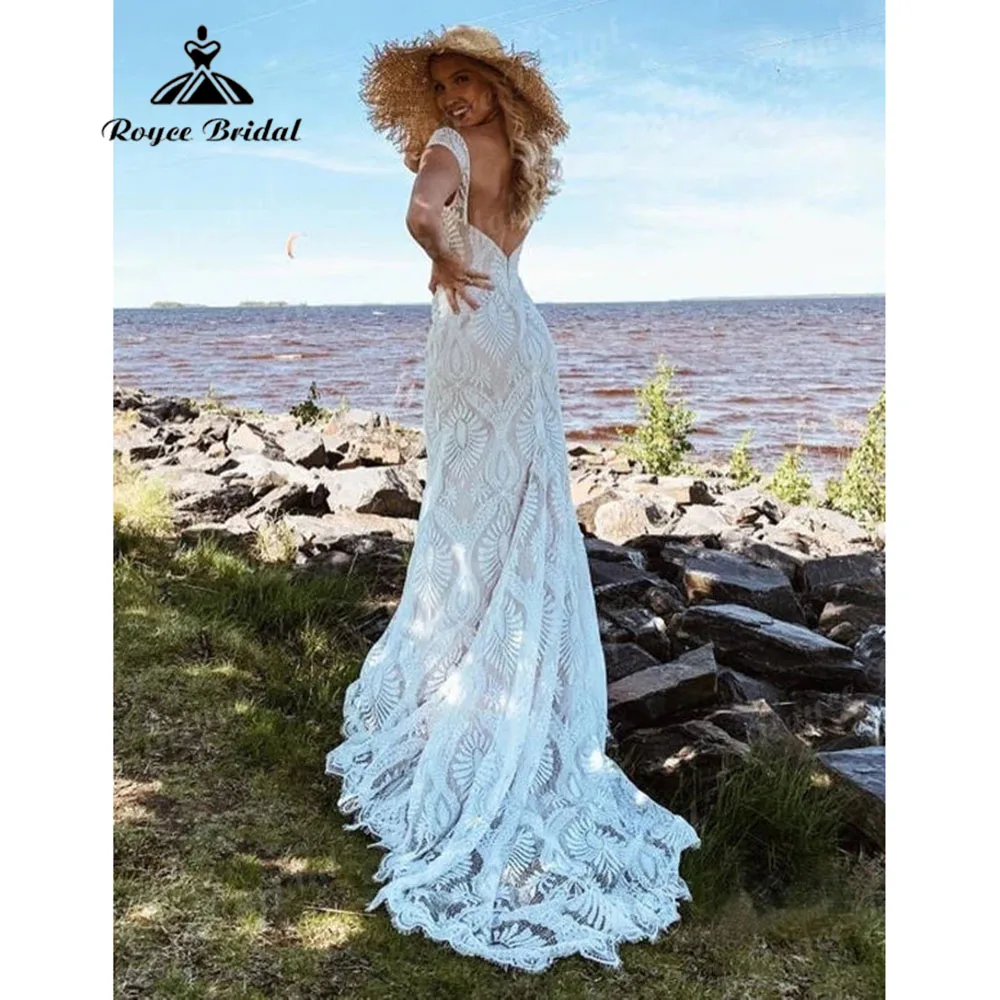 Bohemian Cap Sleeve Mermaid Backless Boho Lace Women Wedding Dress for Bride 2025 Customized Wedding Gown robe de mariee sirene