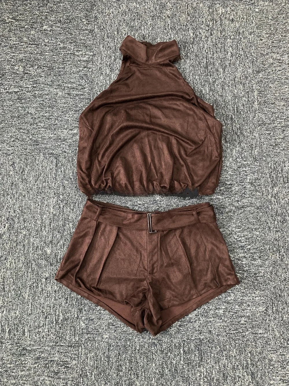 Diepbruin suède vest en orts-set Ne Hangende Svel Belted Faionable tweedelig damespak rond Ne Pullover Po...