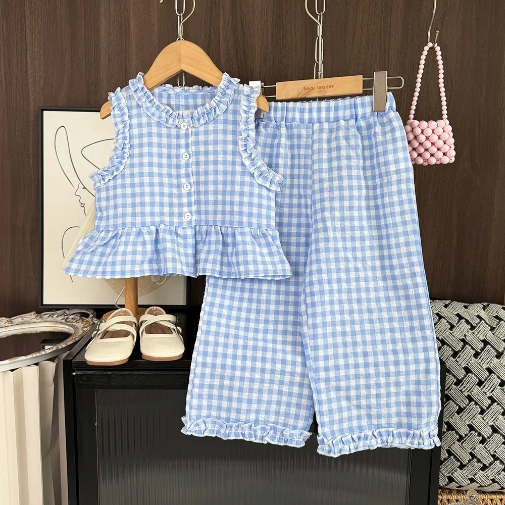 Sommer Mode Casual Mädchen Outfits 2-10 Jahre Kinder Kleidung Mädchen Karierten Gedruckt Ärmelloses Einreiher Top + Hosen 2Pcs Set