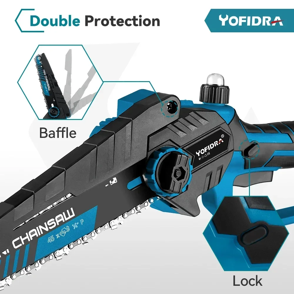 YOFIDRA Brushless 8inch Electric Chainsaw Cordless Rechargeable Pruning Saw Woodworking Garden Power Tool For Makita 18V Battery