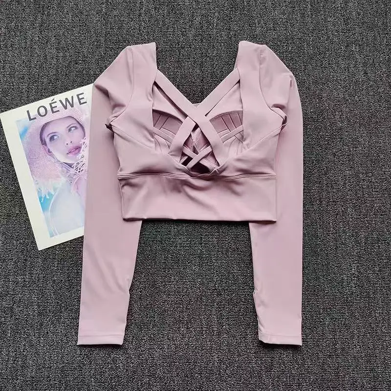 تي شيرت بدون ظهر، مع وسادات صدر، تي شيرت يوغا مقاوم للصدمات بأكمام طويلة، قميص رياضي سريع الجفاف وجيد التهوية، ملابس لياقة بدنية نسائية #5