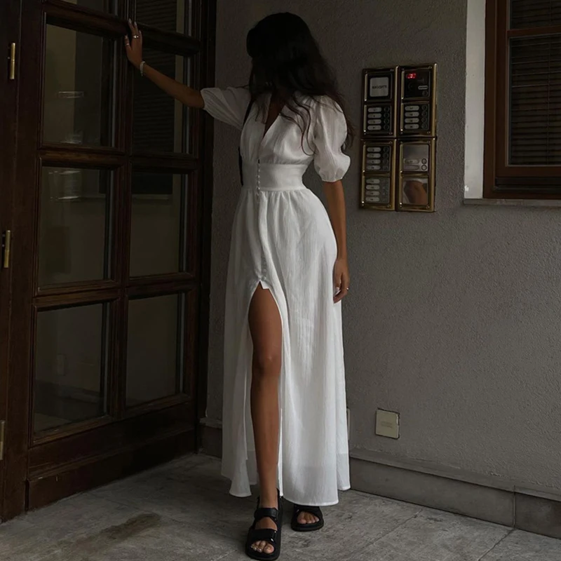 Lady Elegant Slim V-neck White Maxi Dress Summer Women Puff Short Sleeve Solid Slit A-line Long Dresses Party Holiday Robes