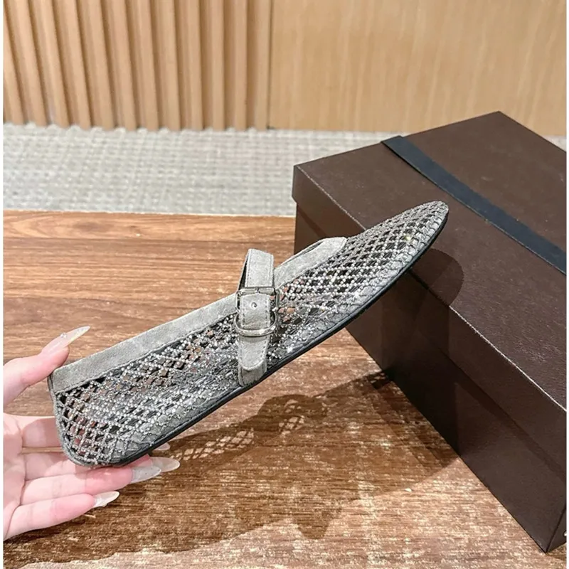 Designer Brand Original Light Luxury Rhinestone Flat Leather Ballet Shoes, Fishing Net Breathable Mary Jane Sandals