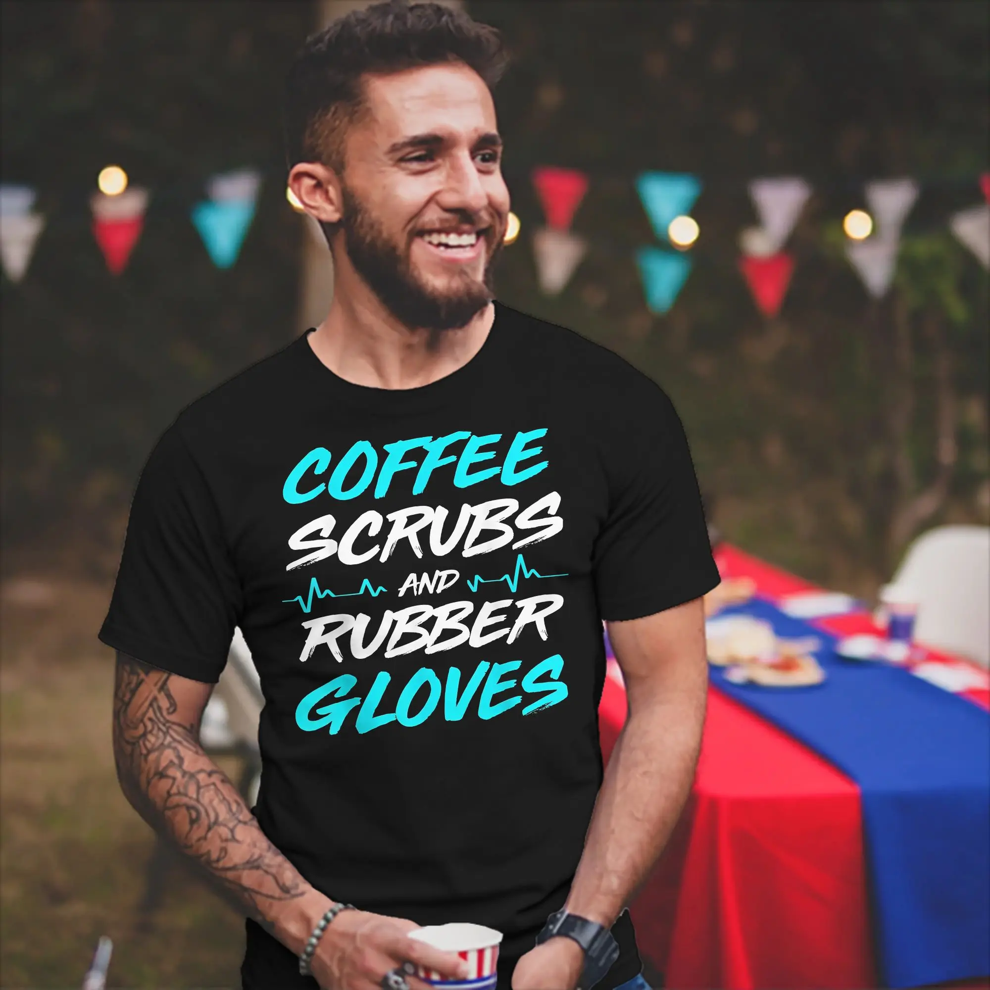 Coffee Scrubs And Rubber Gloves Medical Nurse  T-Shirt For Men Women 100%Cotton Tops Shirts Casual  O-neck Short Sleeve