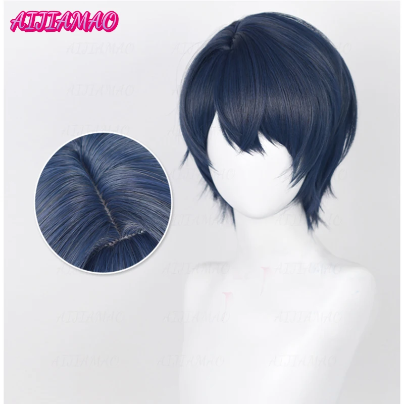 Perruque de Cosplay courte pour homme, cheveux résistants à la chaleur, 30cm, bleu, gris, haute qualité