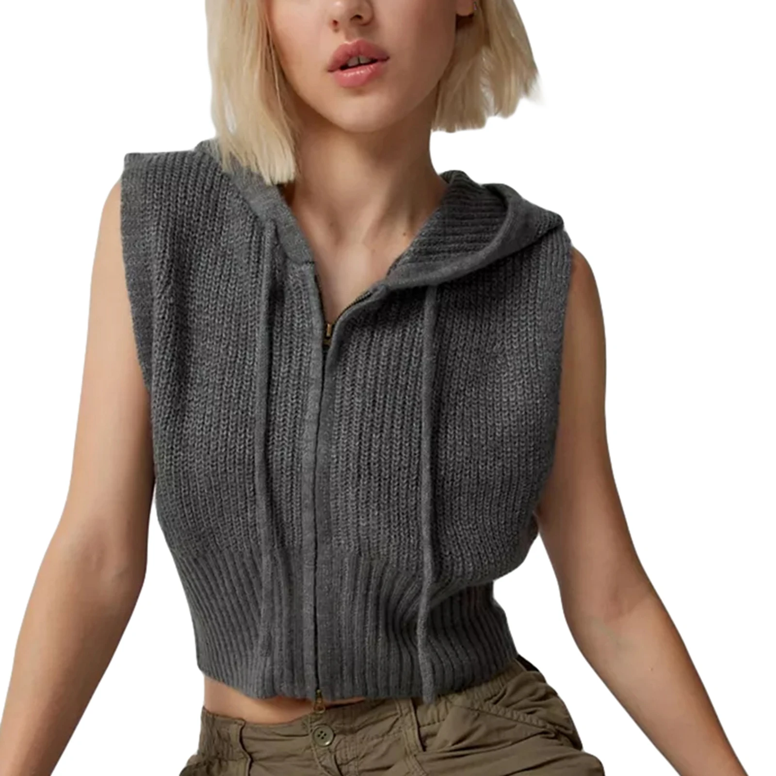 

Fashion Women's Knit Hood Waistcoat Solid Color Front Zipper Drawstring Sleeveless Lightweight Crop Vest Autumn Winter Outfits