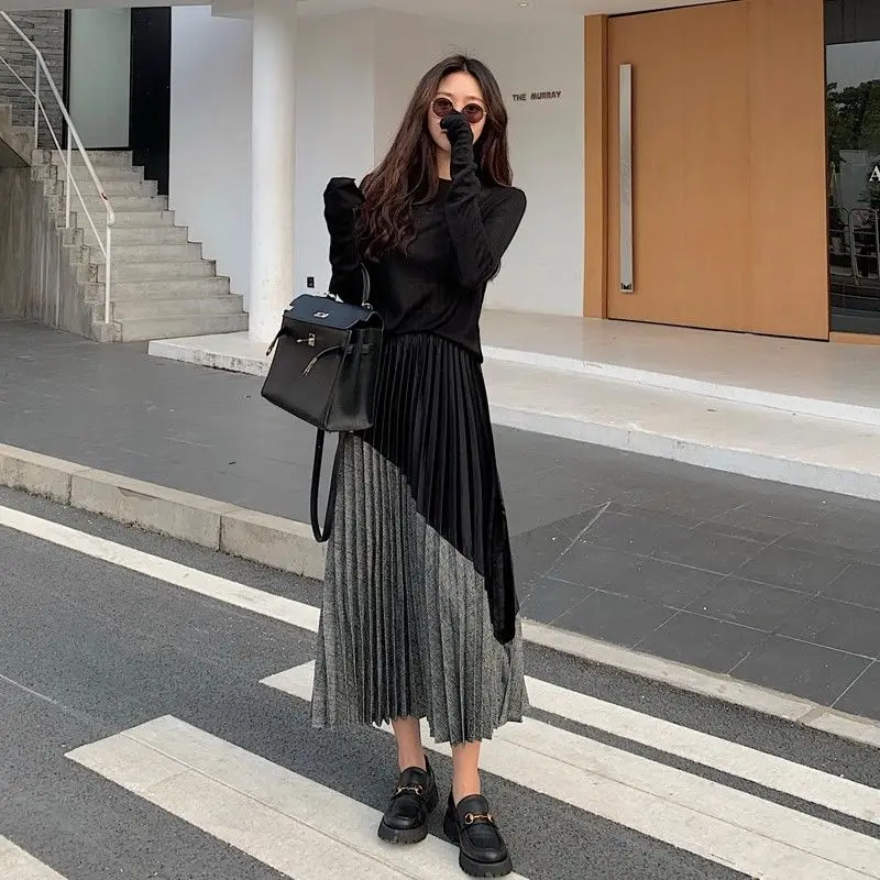 Women New Autumn and Winter Velvet Splicing Elasticized High-waisted Fashion Commuting Minimalist Casual A-line Pleated Skirt