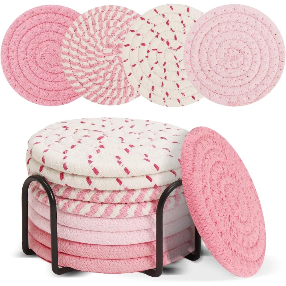 

Рождественские подставки из 8 штук с держателем, розовые подставки для напитков, милая подставка для девчачьего рождественского декора, тканая настольная подставка для P