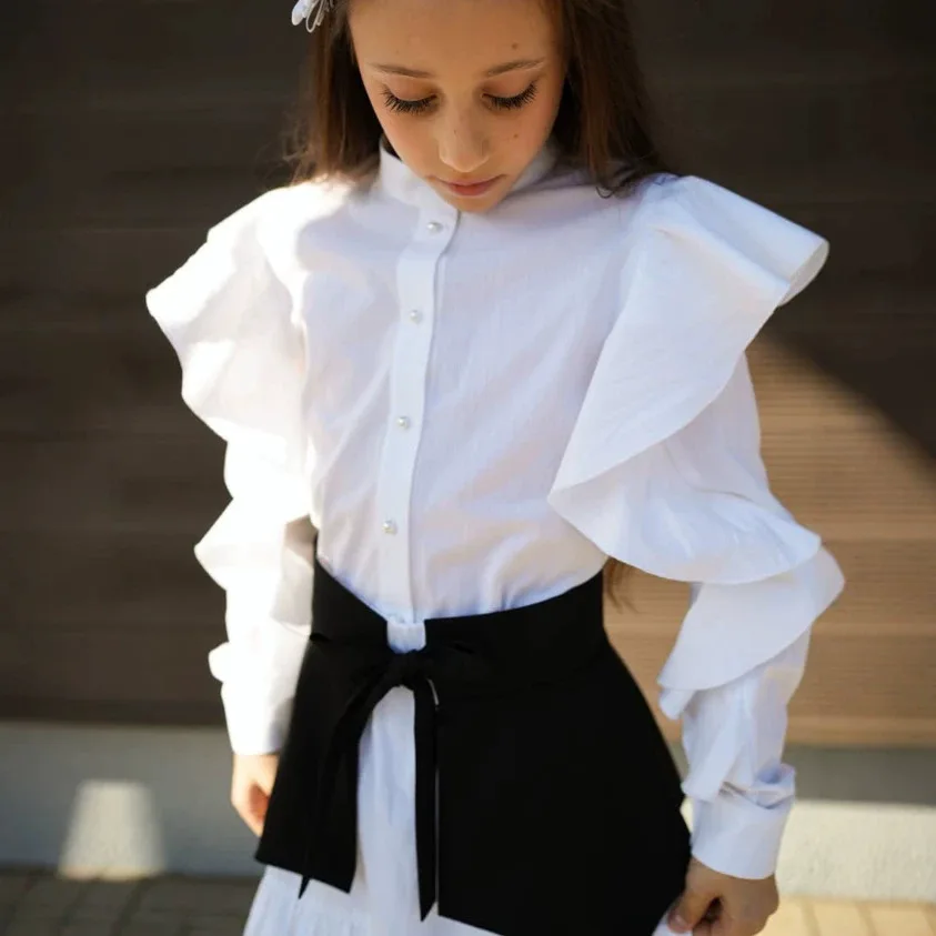 European and American Spring and Autumn Girls' Cotton Ruffle College Style Shirt Waist Cover Accessory Skirt Three Piece Set
