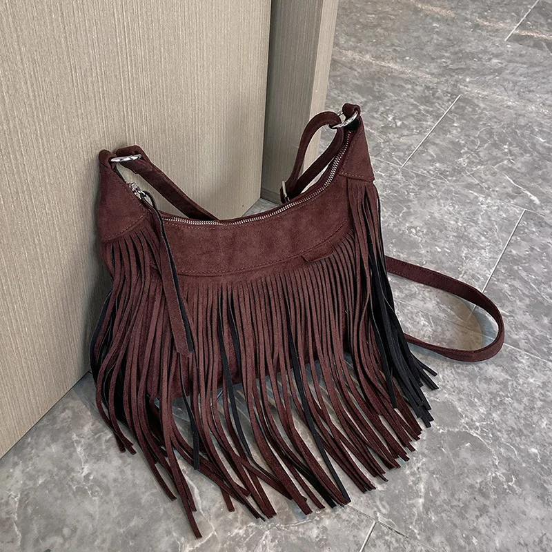 Women\'s Vintage Tassle Suede Shoulder Crossbody Bags for Ladies PU Leather Armpit Hobos Bag Large Capacity Design Handbags Purse