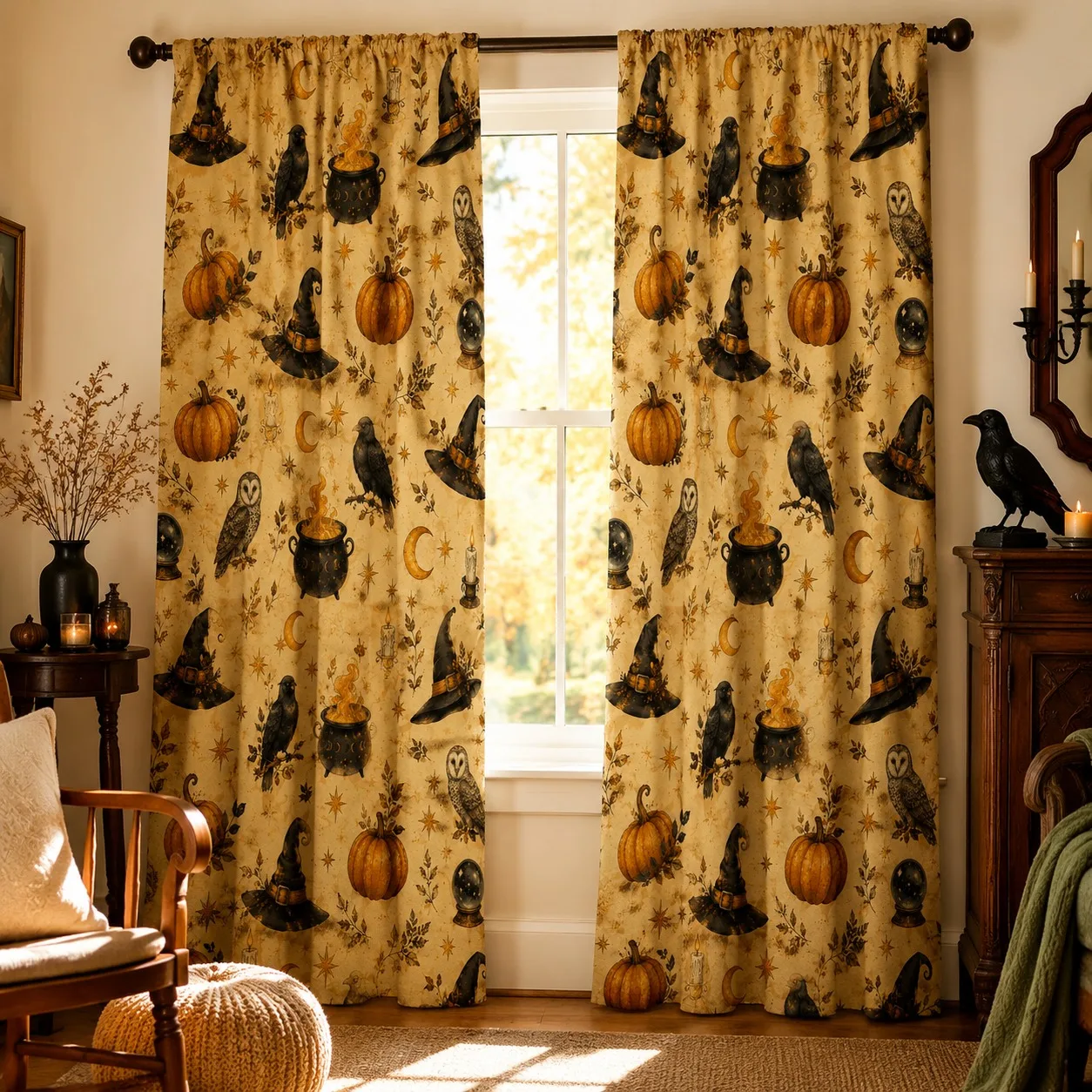2Pcs Halloween Witch  Pumpkin Crow Pattern Curtain, Spooky Autumn Decor, High Definition Digital Print, Mystical Gothic Style