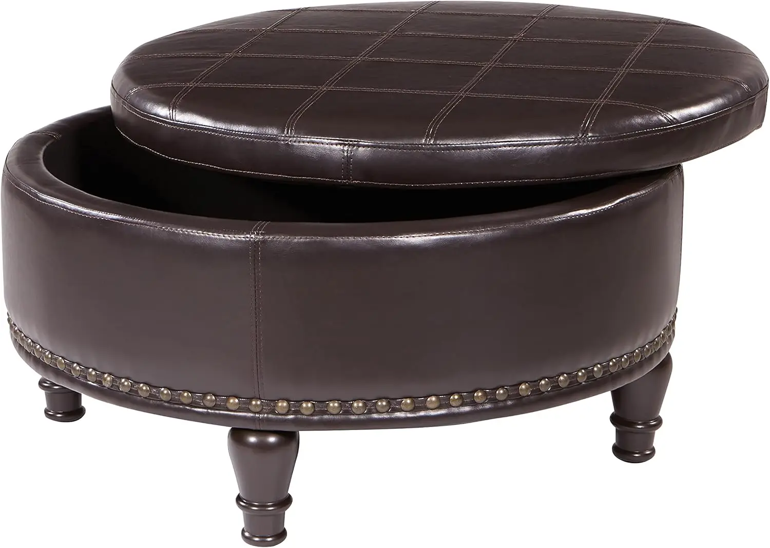 INSPIRED by Bassett OSP Home Furnishings Augusta Round Storage Ottoman with Decorative Nailheads and Flip Over Lid with Serving