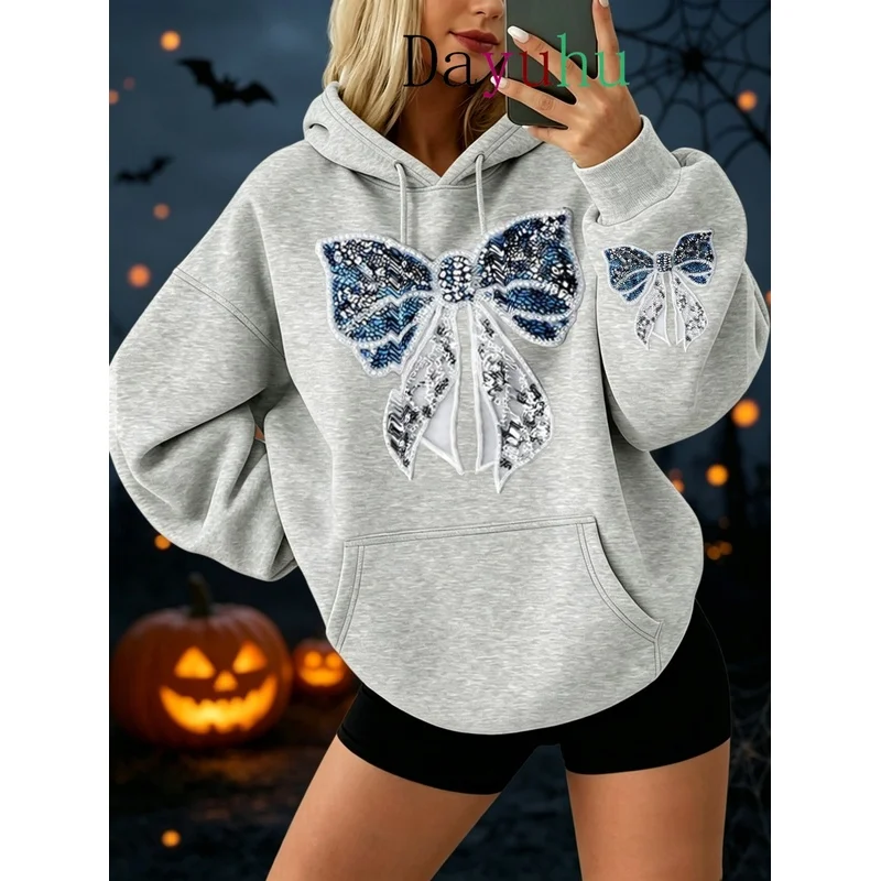 Y2k Aesthetic Oversized Hoodie Halloween Sequin Bow Autumn Winter Streetwear Casual Pullover Sweatshirt
