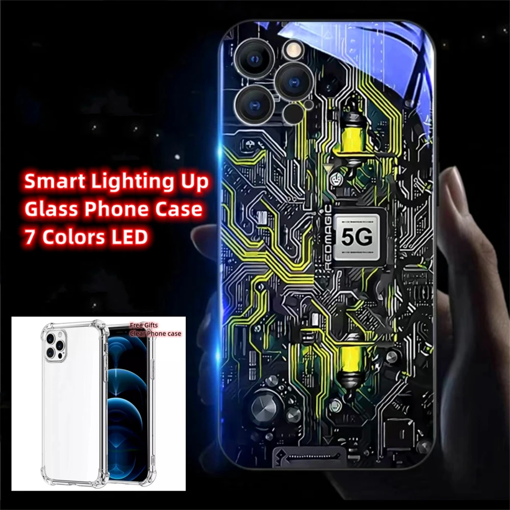 

5G Circuit Board LED Light Glow Luminous Tempered Glass Phone Case For iPhone 15 14 13 12 11 Pro Max XR XS Plus 7 8 SE With Gift