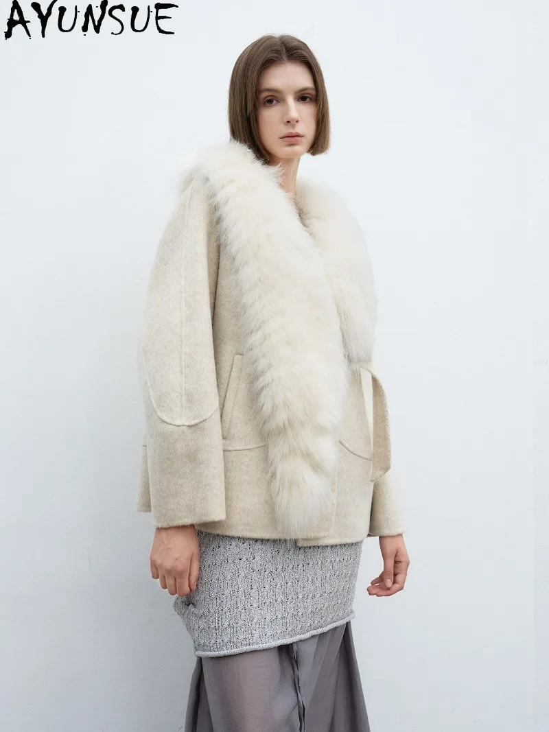 AYUNSUE Female Double-Faced Wool Coat Natural Fox Fur Collar Clothes Womens Warm Winter Jacket Mid-Length Loose Fit Clothing