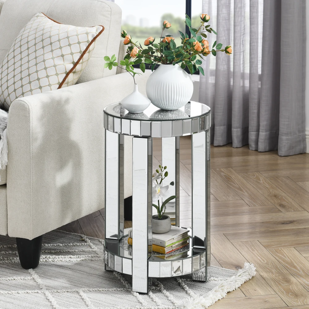 2-layer Small Sofa Table with Storage Space, Mirror Round Table with Crystal Inlay,Silver Decorative for Living Room, Bedroom