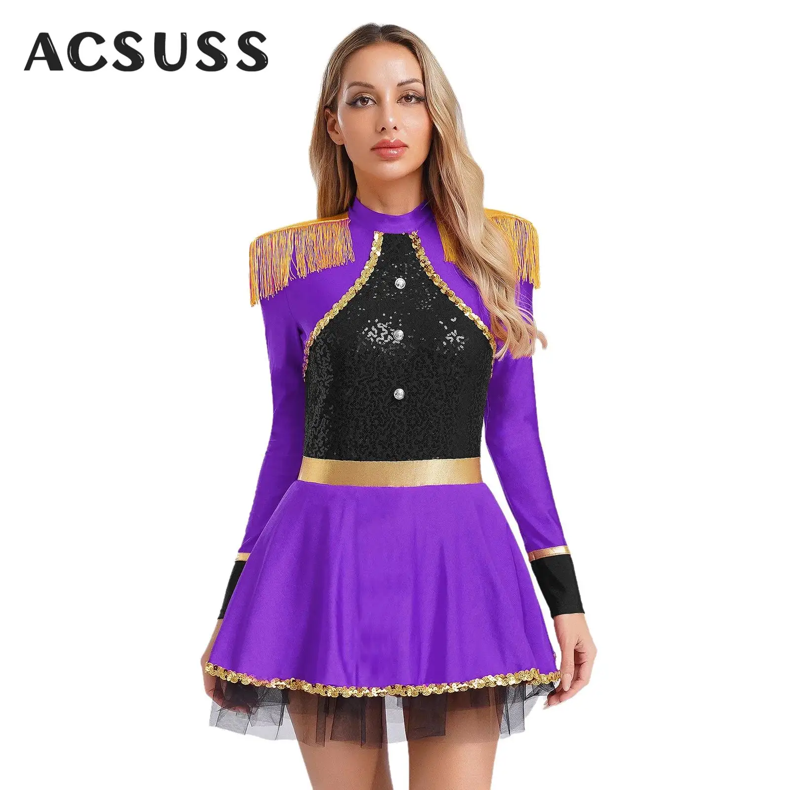 

Women Halloween Party Circus Ringmaster Showman Magician Cosplay Costume Long Sleeves Fringe Shoulder Sequins Dress Leotards