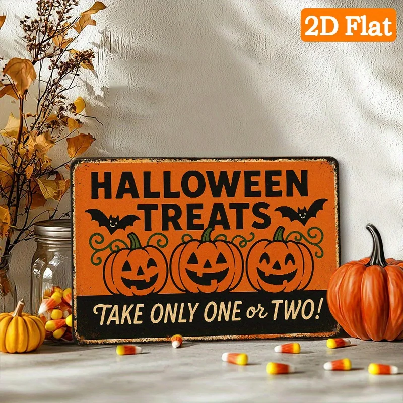 Halloween Treats Rule Metal Sign - Funny Halloween Decorations with Pumpkin, Bat, Candy Corn - 