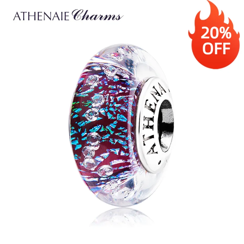 ATHENAIE Genuine 925 Silver  Dark Purple Shimmer Murano Glass  Beads Multi-Clear CZ Charms Fit All European DIY Women Bracelets