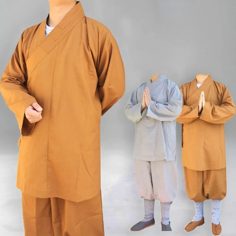 Satu Set gaun Arhat Buddhisme Cina tradisional untuk pakaian jubah biksu pria dewasa atasan dan celana baju Buddha