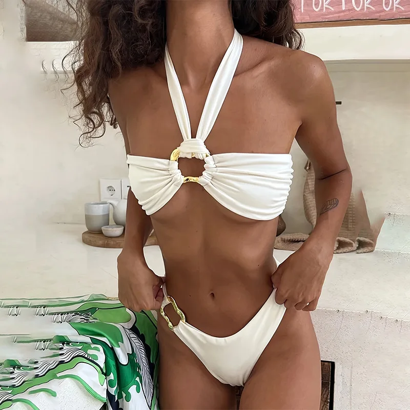 Para Praia Sexy Solid Halter Bandeau Bikini Set Thong Women Swimwear 2025 Brazilian Swimsuit Female Bandage Bathing Suit