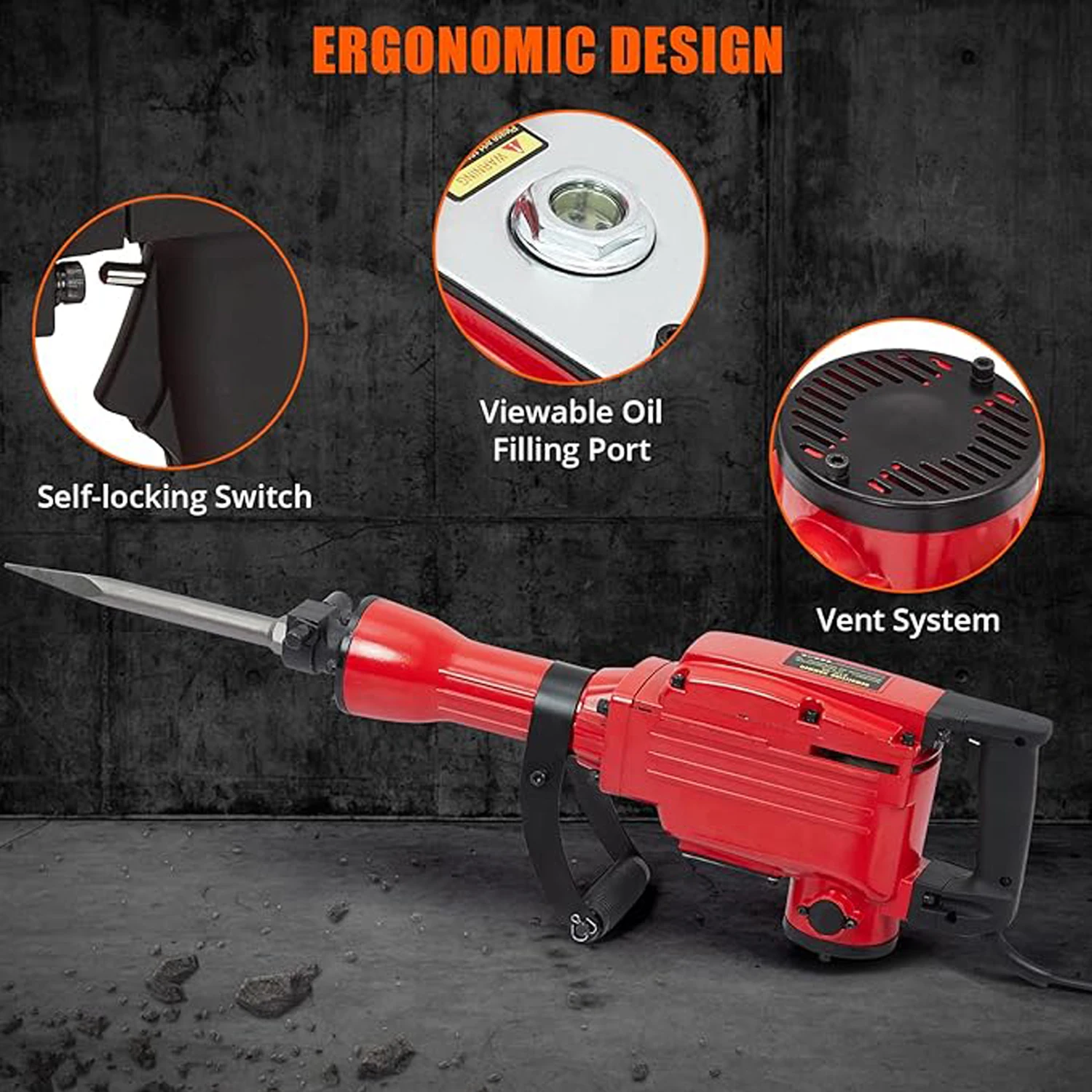 Heavy Duty 2200W Electric Demolition Jack Hammer - Powerful Concrete Breaker, 2 Chisels Included, Durable Carrying Case