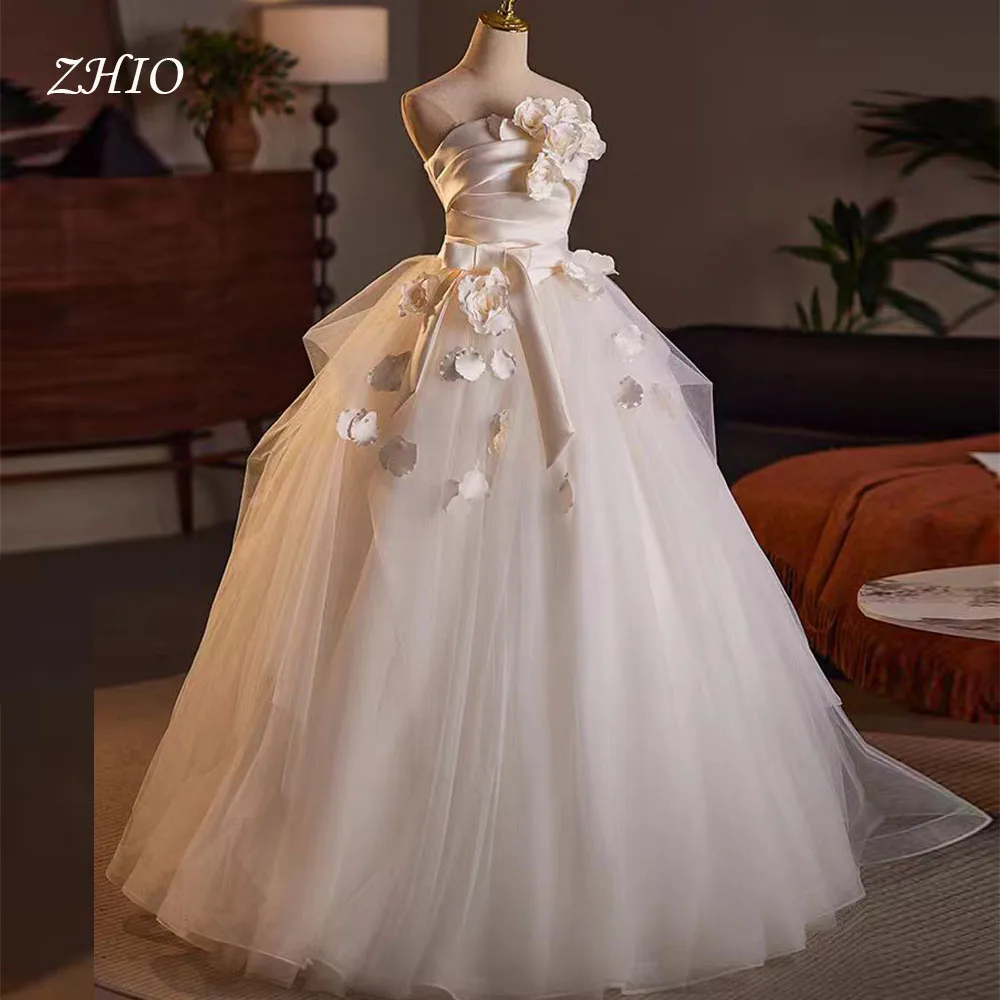 ZHIO Principessa Fiori 3D Abito da sposa Senza spalline A-Line Lunghezza pavimento Tulle avorio Corea Servizio fotografico Abito da ricevimento nuziale Personalizzato