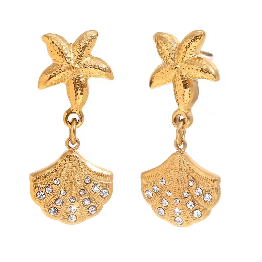 Stainless Steel Plated 18k Gold Earrings With Starfish Shell & Dot Diamond Splicing Earrings