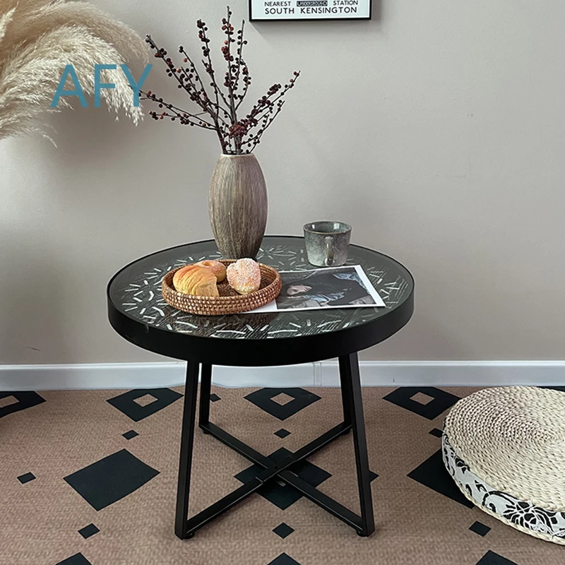 Bohemian Carved Solid Wood Tea Table for Living Room Sofa Side Hotel Round Coffee Table Cream Tatami Style
