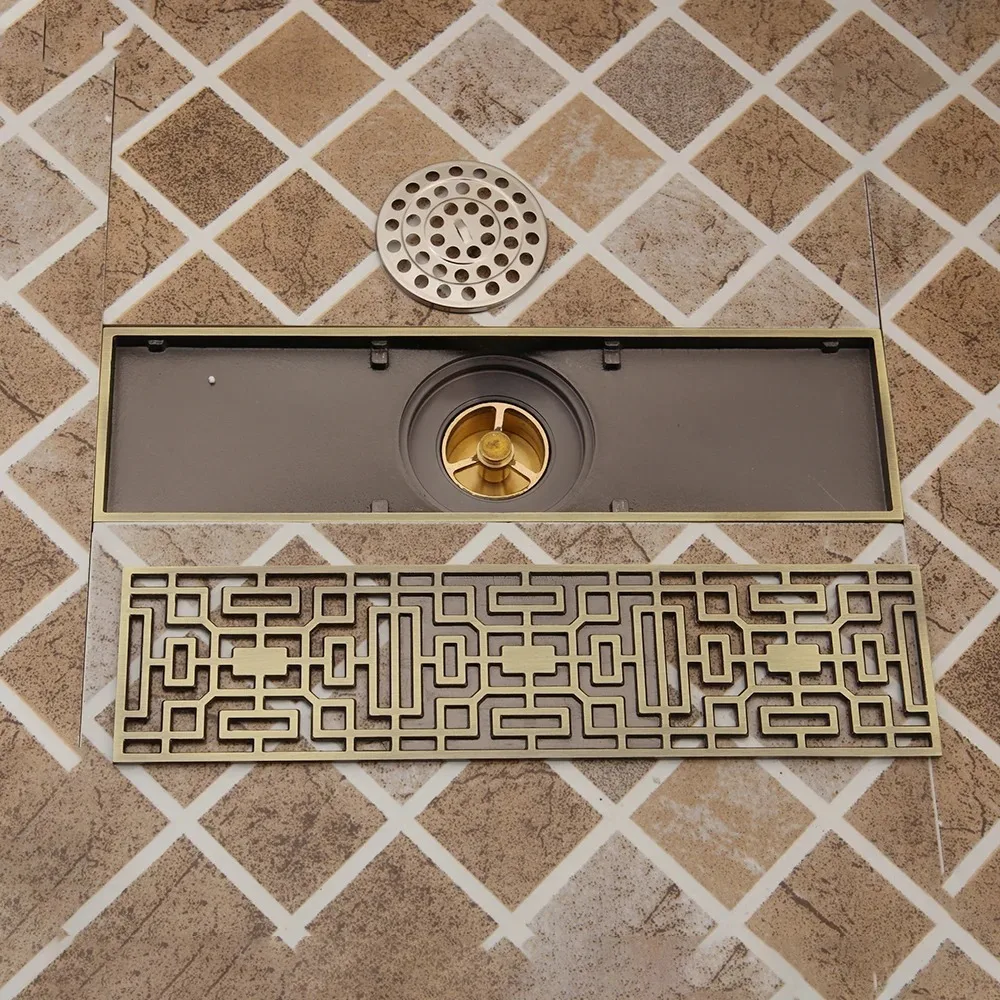 20/30cmx8cm Rectangle Brass Antique Brushed Carvd Drain Bathroom Drain Kitchen Shower Room Porch Waste Strainer Floor Drain