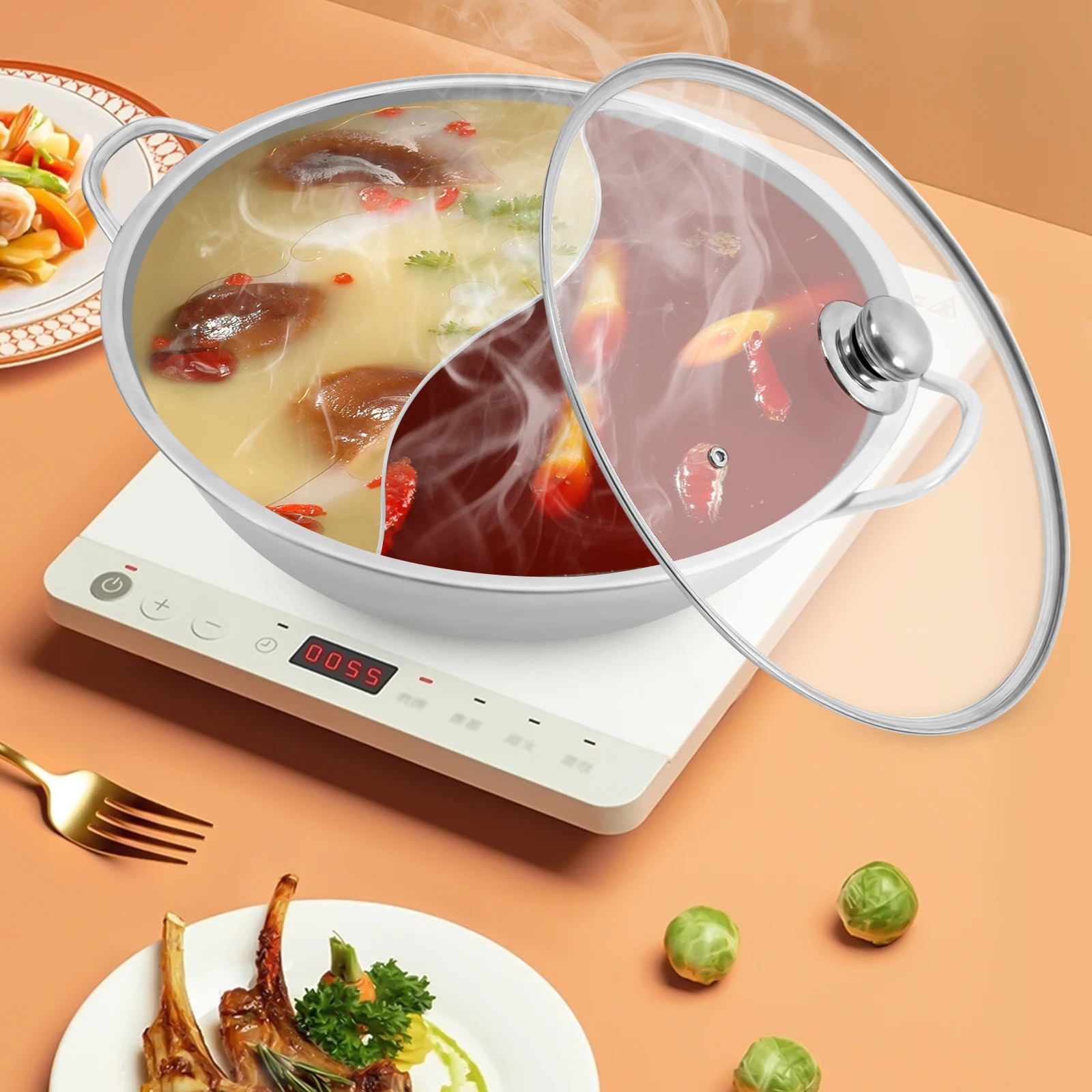 34*8.5cm Stainless Steel Hot Pot With Divider Shabu Shabu Pot With Glass Lid Hot Pot Set In Hotels, Restaurants, Homes