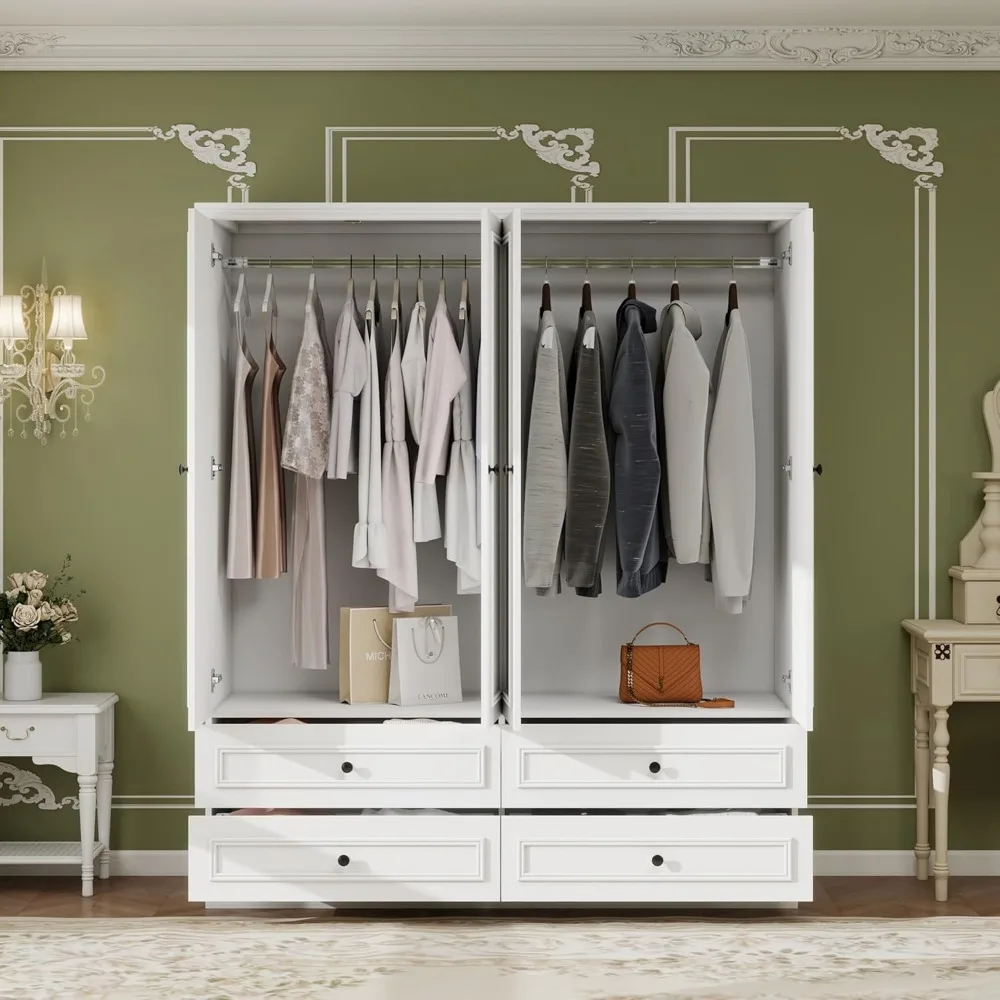 خزانة ملابس خشبية ذات سعة كبيرة مع 4 أبواب وقضبان تعليق و4 أدراج ومرآة ورفوف لتخزين أقصى قدر من الأورجا