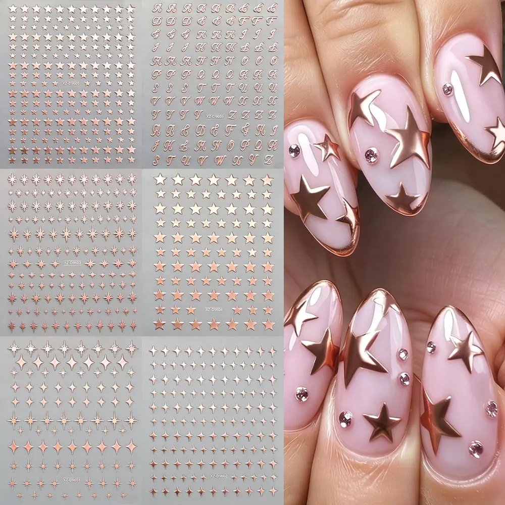

6/8pcs 3D Champagne Gold Star Starlight Nail Stckers Y2k Shiny Pentagram Nail Decals Self-Adhesive English Letter Nail Decora D3