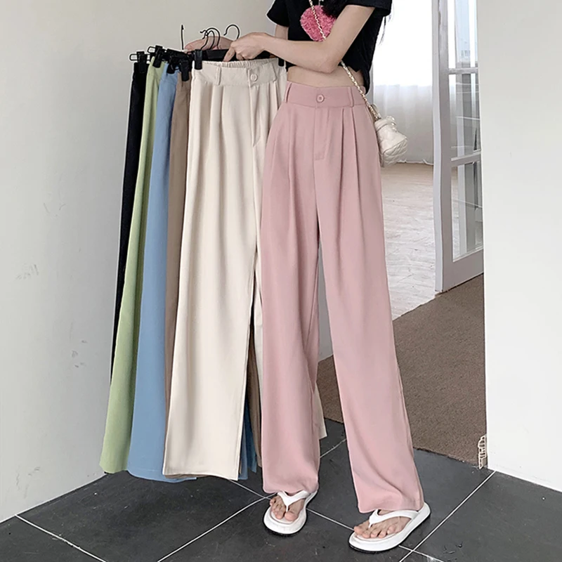 Korean Casual Loose Suit Pants Women Fashion Wide Leg Elastic High Waist Straight Trousers Spring Fall Simple Solid New Bottoms