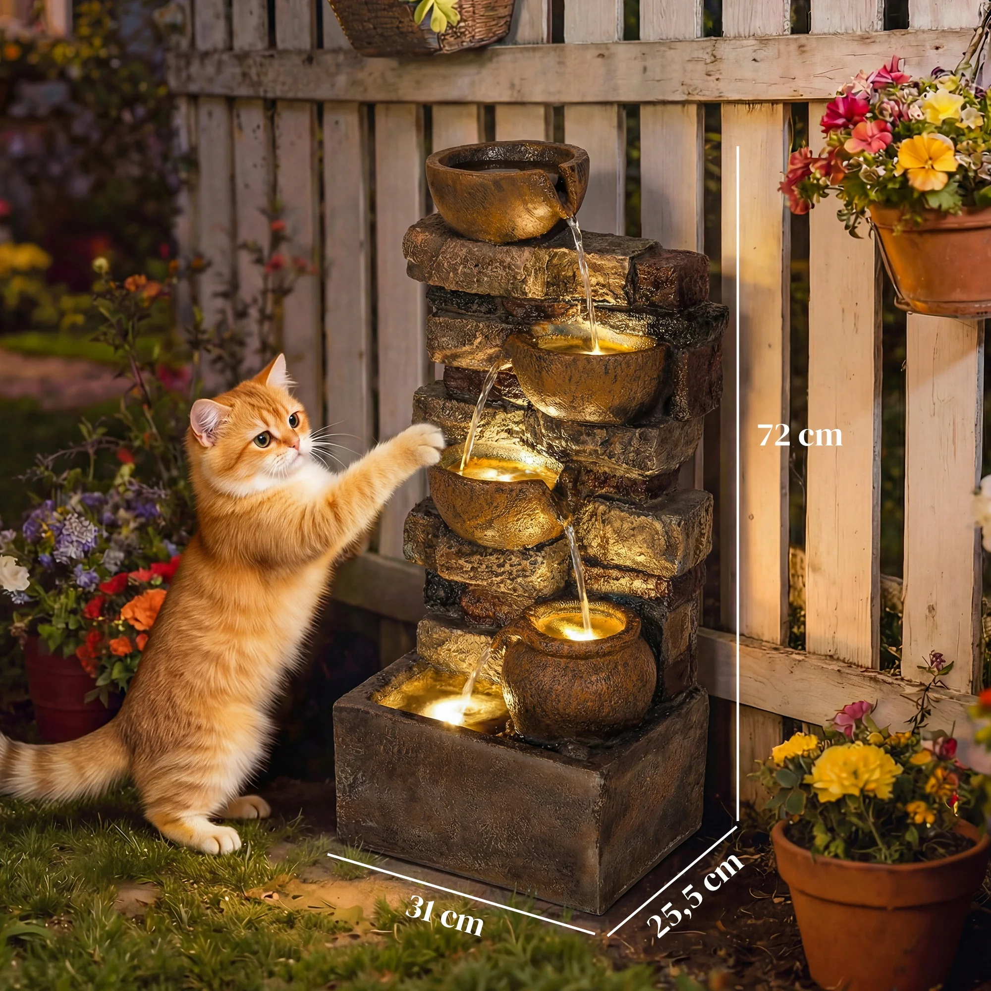 5 Level Cascading Outdoor Water Fountain LED Light Pump Adjustable Flow Weatherproof Garden Terrace Decor Rustic Brown