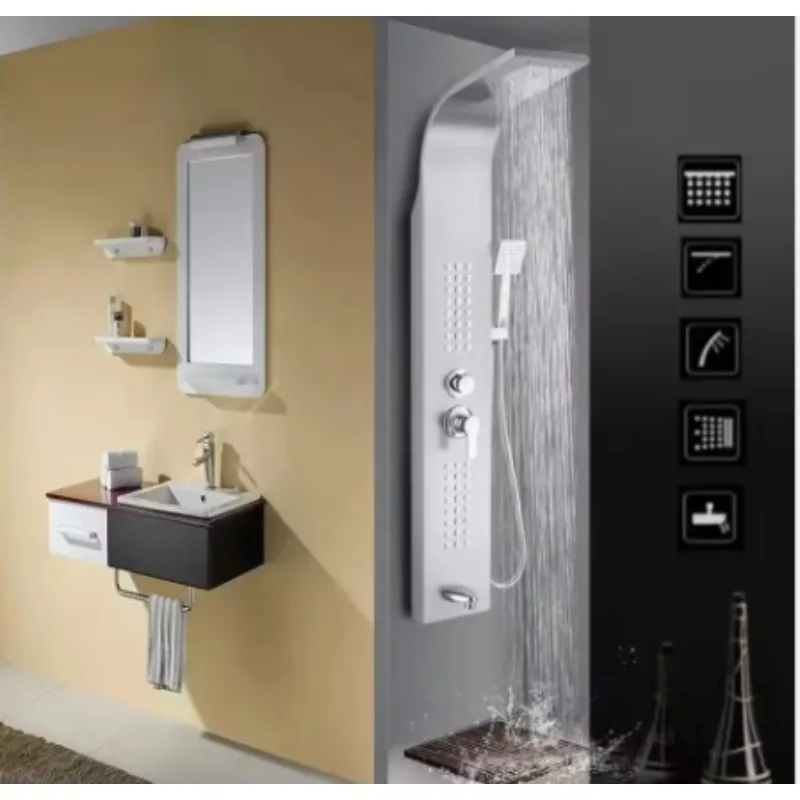 モダンブラックゴールドブラッシュニッケルシャワーシステム壁掛け多機能5スプレーモードセラミックバルブコア簡単設置