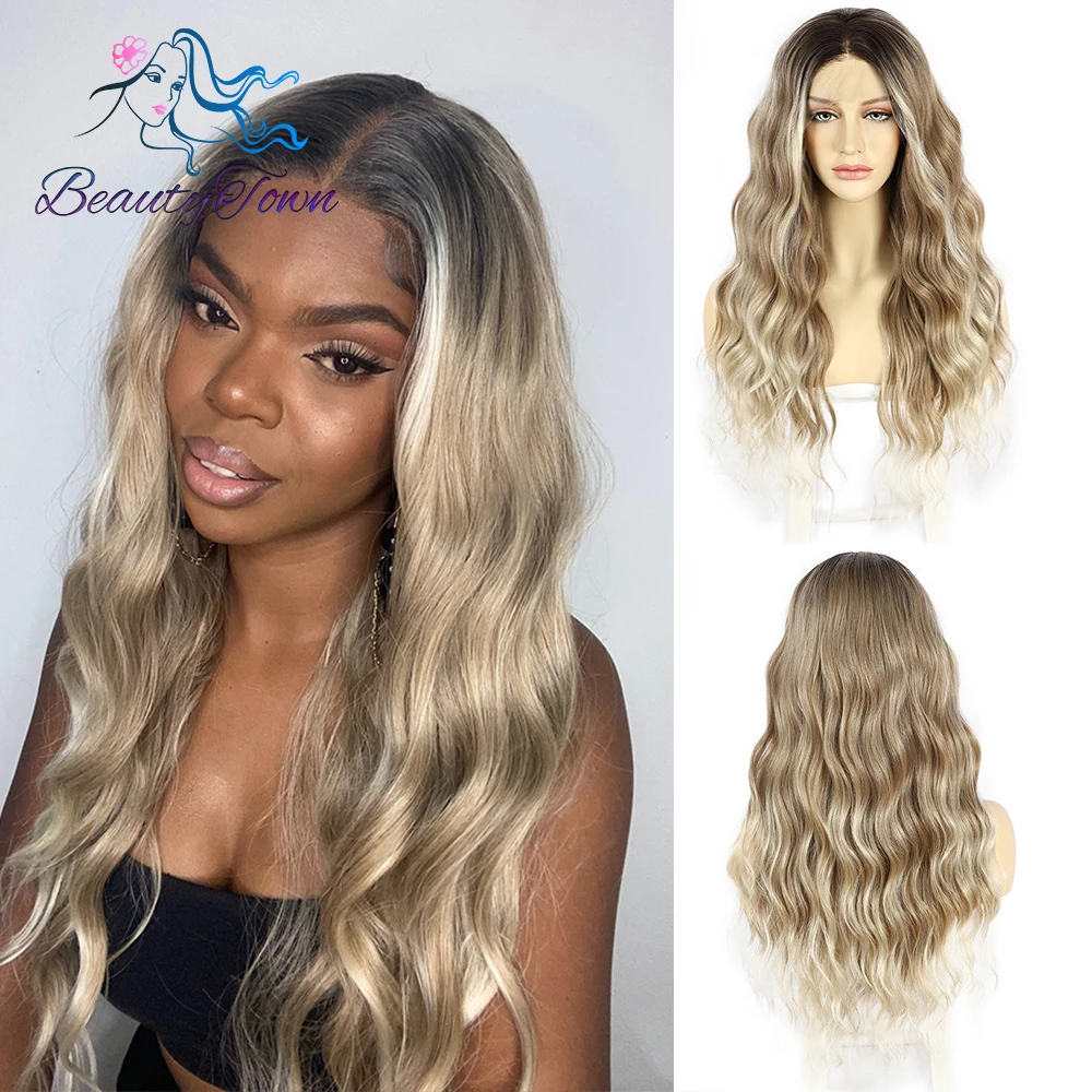 

Blonde 13x3 Lace Front Wig Sliver Brown Highlight Colored Synthetic Lace Wig Body Wave HD Transparent Lace Wig Cosplay Party Wig