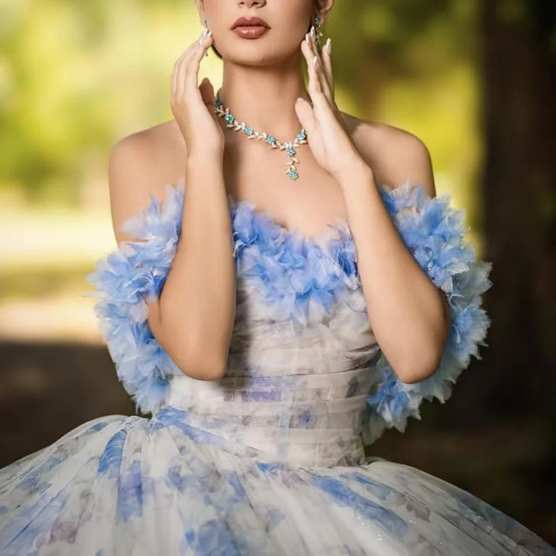 

Light blue Quinceanera Dress off-shoulder Lace 3D flower decal Bow Long tail vestidos de 15 Quinceanera ﻿Customize