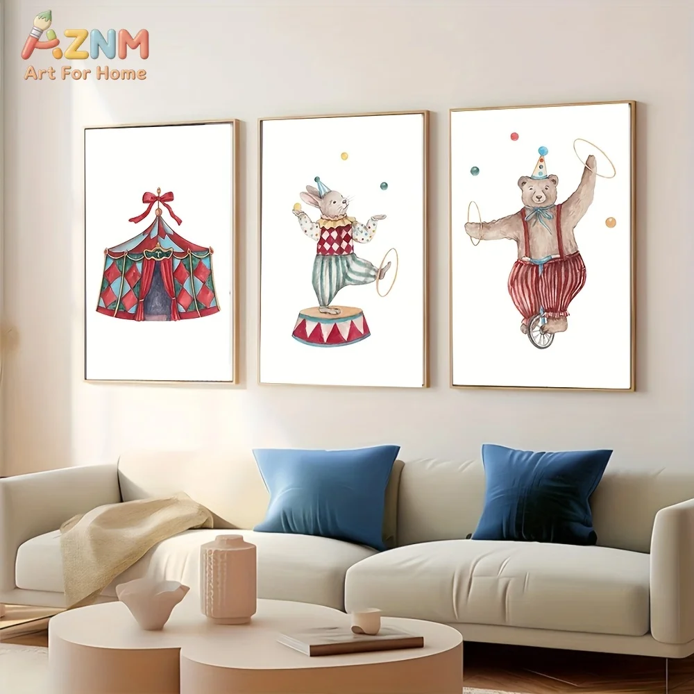 AZNM Watercolor Circus Tent Bear Rabbit Clown Canvas Wall Art, Cute Cartoon Animal Juggling Unicycle Print Poster, Unframed Sing