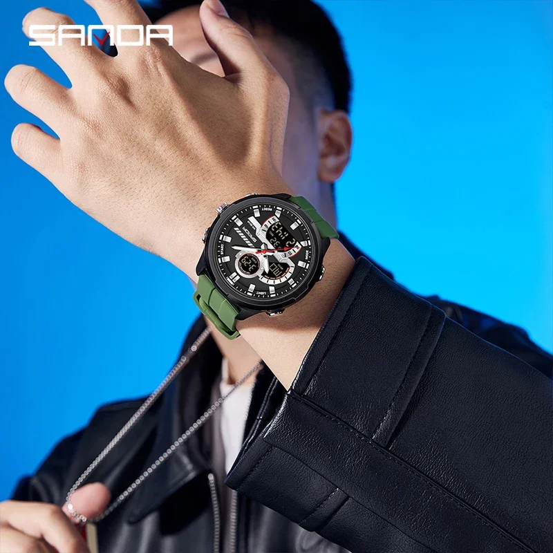 SANDA Fashion New G Style Dual Display ساعة إلكترونية للرجال 5ATM مقاومة للماء LED ضوء ليلي ساعات كوارتز رياضية متعددة الوظائف