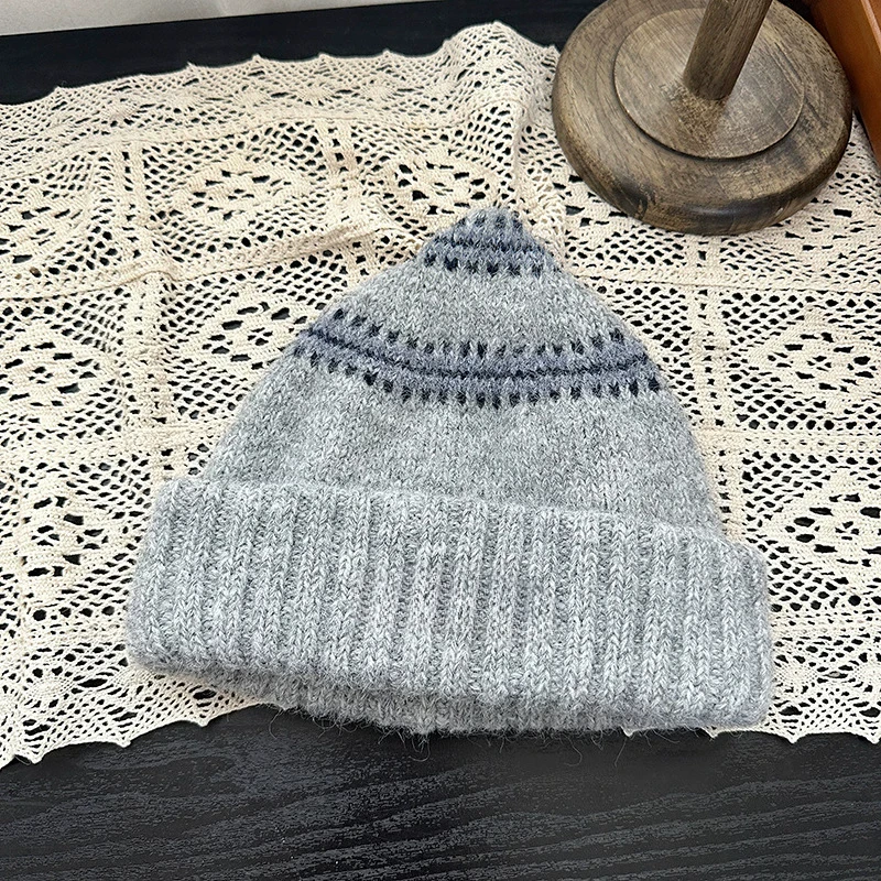 Fair Isle Jacquard-Strickmützen, Unisex, gestreifte, umgeschlagene Strickmütze, Vintage-Ethno-Muster, weiche, warme Wintermütze, lässige Mütze. – Detail 9