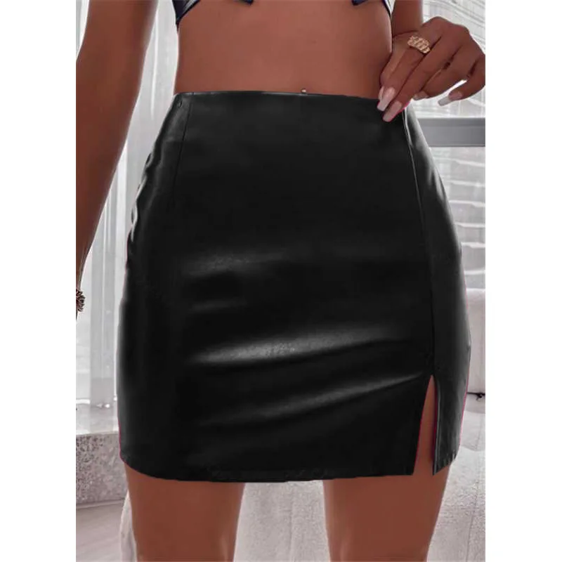 Benuynffy Women's Leather Mini Skirts 2024 Autumn Winter Sexy Bodycon Skirt Women Elegant High Waist Split PU Leather Skirts