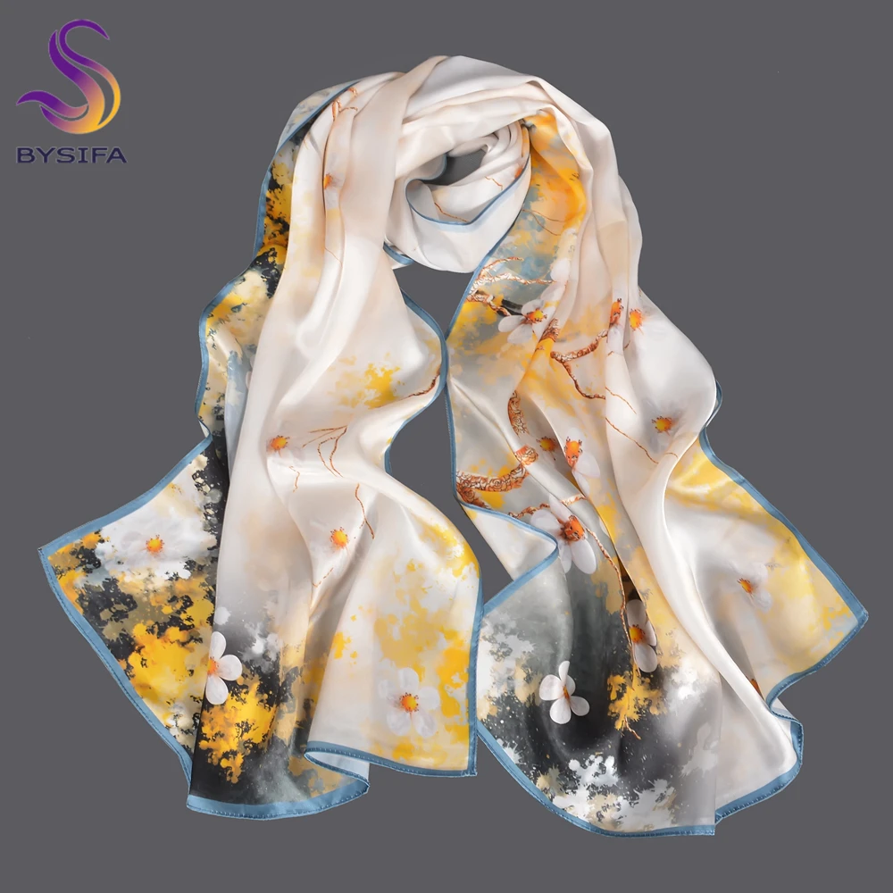 BYSIFA|New Beige Green Silk Scarves Bufanda Fashion Brand Autumn Winter Natural Pure100% Silk Scarf Hijab Shawl Echarpe 170*53cm