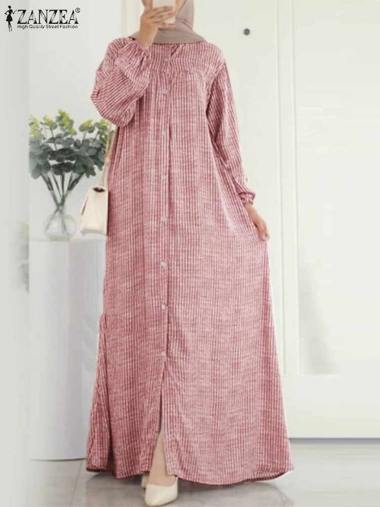 ZANZEA Casual Women Vestidos Muslim Hijab Elegant Striped Button Up Abaya Robes Fall 2024 Lantern Long Sleeve Loose Maxi Dress