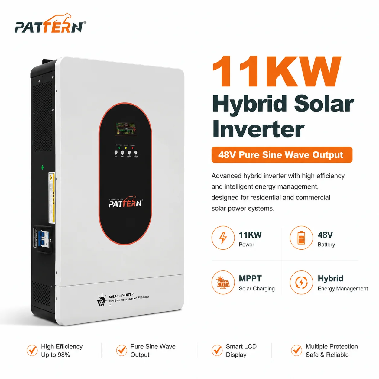 PATTERN Solar Inverter Hybrid 11kw 48V Pure Sine Wave Inverter MPPT Single Phase Hybrid Solar Inverter With Lithium Battery