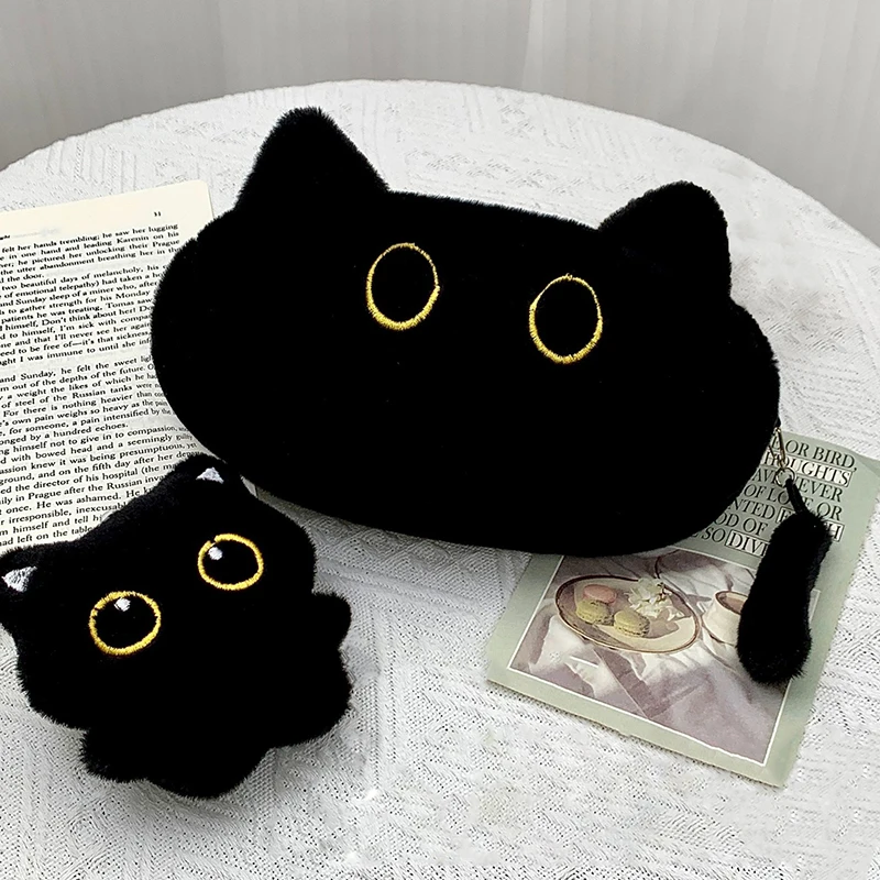 Cute Black Cat Plush Pen Bag Large Capacity Pencil Case Cute Cartoon Stationery Storage Bag Supplies Student Back To School Gift