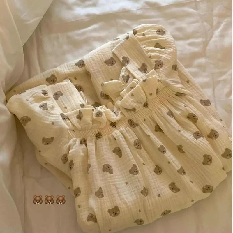 Korean Version Ins Pajama Women Summer New Nightgowns Short Sleeved Sweet Princess Dress Bubble Sleeves Sleepshirts Homewear