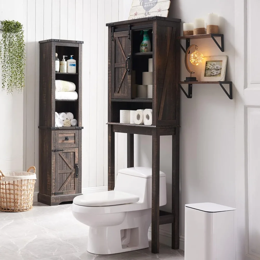 

Over The Toilet Storage Cabinet, Farmhouse Storage Cabinet Over Toilet with Sliding Barn Door & Adjustable Shelves, Home Space