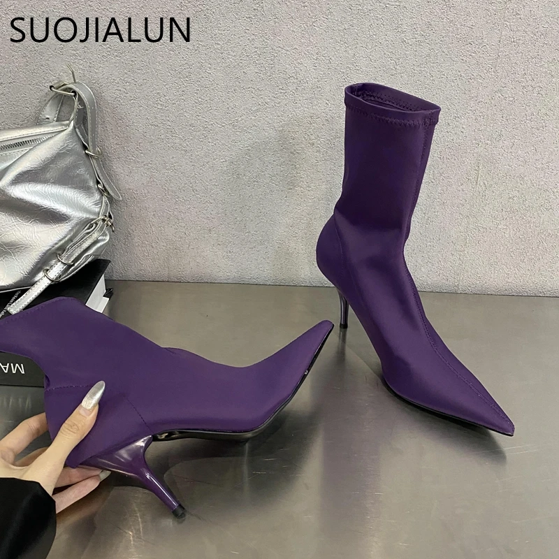 SUOJIALUN Brand Women Ankle Boots Fashion Candy Color Ladies Sexy Elegant Short Boots Thin High Heel Stretch Cloth Chelsea