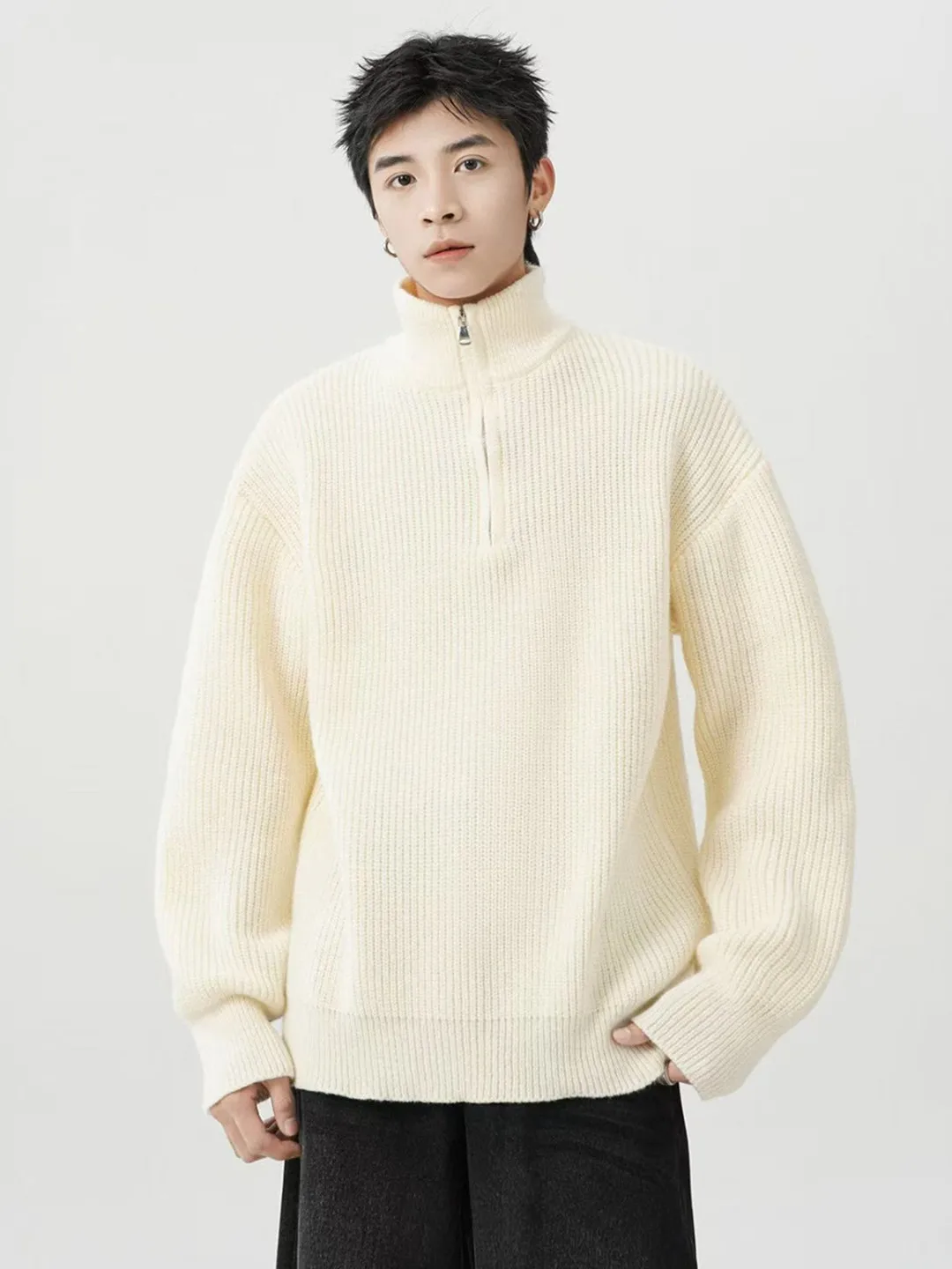 

Loose Fit f Zip High Collar Men's Knitwear Pure Color Versatile Casual American Sle Sweater Trendy Brand Autumn Wear